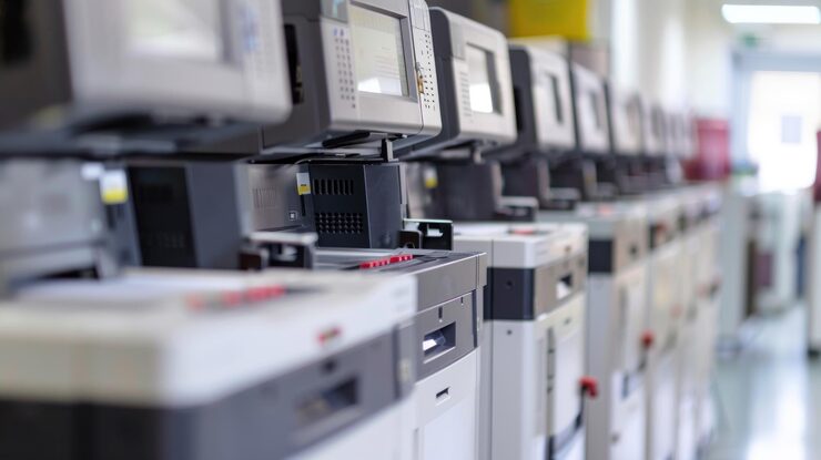 Monitores e equipamentos empilhados