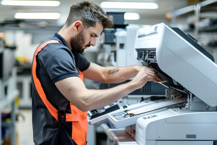 Tecnico de reparação de impressoras consertando uma impressora